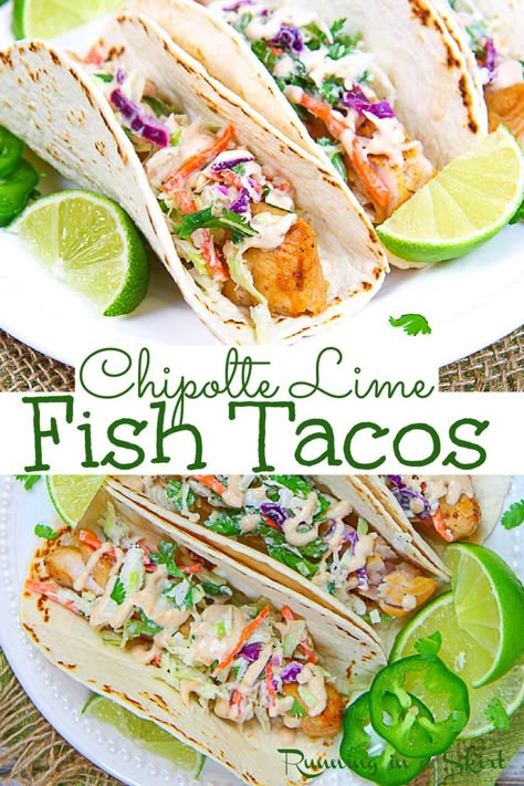 Fish Tacos Recipe with Cabbage Slaw - Easy & Healthy! Mahi Mahi Fish Tacos with Chipolte Lime Sauce and a simple Cilantro Lime Slaw. Healthy and simple with no mayo - uses greek yogurt instead for the creamy dressing. Includes directions to grill or oven bake the fish. Looking for healthy Mexican recipes or Taco Tuesday recipes? This is it! Pescatarian / Running in a Skirt #pescatarian #healthymexican #tacotuesday #tacos #fishtacos Simple Fish Tacos Recipes, Greek Yogurt Fish Taco Sauce, Fish Taco Slaw Dressing, Fish Tacos With Cabbage Slaw Dressing, Baked Fish Tacos With Cabbage Slaw, Fish Tacos With Cabbage Slaw Easy, Grilled Fish Tacos With Cabbage Slaw, Cabbage Slaw For Fish Tacos, Mahi Mahi Tacos Recipe