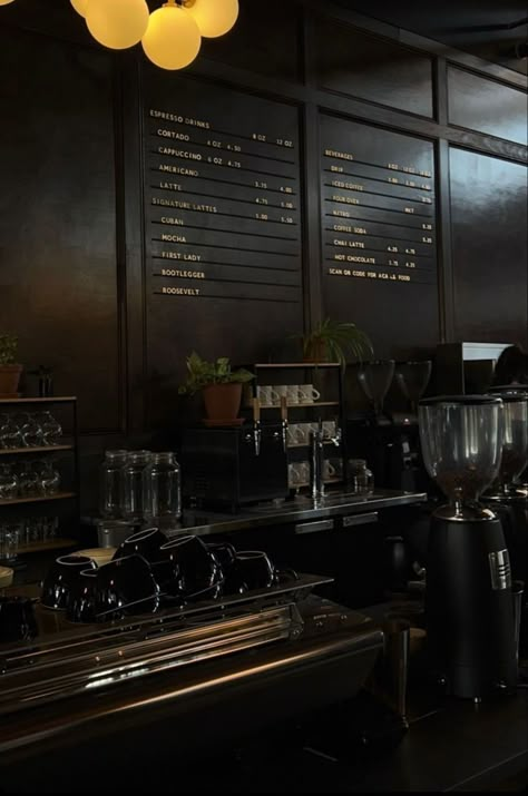 Coffee Shopee Aesthetic, Black And Gold Coffee Shop, Gothic Coffee Shop Aesthetic, Dark Store Aesthetic, Modern Cafe Aesthetic, Black Interior Coffee Shop, Masculine Coffee Shop, Edgy Clean Aesthetic, Black Coffee Shop Aesthetic