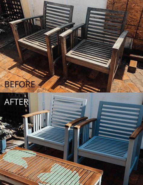 How to Refinish Old Outdoor Wood Furniture And Give it a New Life Refinished Patio Furniture, Painting Outdoor Wood Furniture, Outdoor Chairs Wooden, Outdoor Wood Table, Outdoor Furniture Makeover, Painted Outdoor Furniture, Ikea Outdoor, Wooden Outdoor Furniture, Wooden Patios