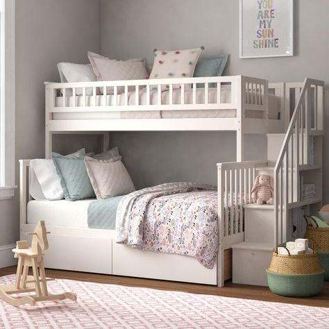 Viv + Rae Shyann Staircase Twin Over Full Bunk Bed with Shelves & Reviews | Wayfair Under Bed Drawer, Bunk Beds For Girls Room, Kids Beds For Boys, Staircase Bunk Bed, Girls Bunk Beds, Bed Drawer, Bed With Shelves, Twin Over Full Bunk Bed, Triple Bunk