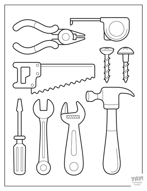 Construction tools coloring page with hammer, saw, measuring tape, nails, and more. Tools Coloring Pages Free Printable, Construction Cones Printable, Tools Coloring Page, Construction Tools Printable, Tool Crafts For Kids, Construction Colouring Pages, Construction Worksheets For Preschoolers, Construction Coloring Pages Free, Construction Crafts For Kids