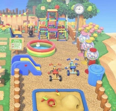 Animal Crossing Playground Path, Acnh Community Ideas, Acnh Island Entrance Ideas Simple, Animal Crossing New Horizon Island Inspiration, Animal Crossing Big Area Ideas, Animal Crossing Front Entrance, Park Ideas Animal Crossing, Kidcore Animal Crossing Ideas, Animal Crossing Playground Ideas