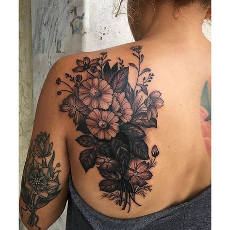 Large black and grey back bouquet by @pooka. #bouquet #flowers #floral #botanical #blackandgrey #pooka Womens Back Tattoo Ideas, Floral Cover Up Tattoo Before And After, Cover Up Shoulder Tattoos For Women, Color Cover Up Tattoo, Shoulder Cover Up Tattoos For Women, Big Cover Up Tattoos For Women, Dark Tattoo Cover Up Ideas For Women, Tattoo Coverups, Flower Cover Up Tattoos