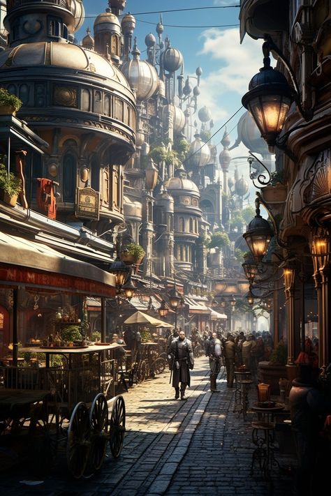 Steampunk Alleyway, Clockpunk City, Arcanepunk City, Magic Punk City, Steampunk City Concept Art, Urban Fantasy City, Steam Punk City, Ville Steampunk, Steampunk Building