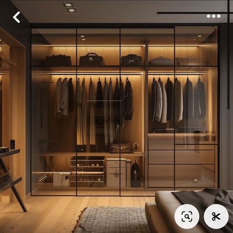 Glass Walking Closet, Glass Walk In Wardrobe, Bedroom Glass Wardrobe, Sliding Glass Wardrobe Design, Glass Wardrobe Design Bedroom, Glass Walk In Closet, Dressroom Interior, Wardrobe Bedroom Modern, Wardrobe Bedroom Design