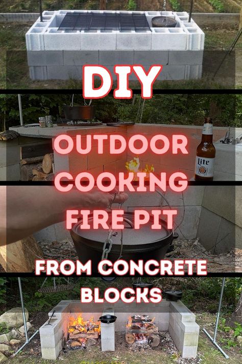 DIY guide to concrete blocks outdoor cooking fire pit Diy Bbq Pit Ideas, Diy Outdoor Cooking Fire Pits, Bbq Pits Ideas Backyards, Cinderblock Fire Pit Diy, Fire Pit For Cooking, Outdoor Cooking Pit, Cooking Fire Pit, Fire Pit Oven, Pig Cooker