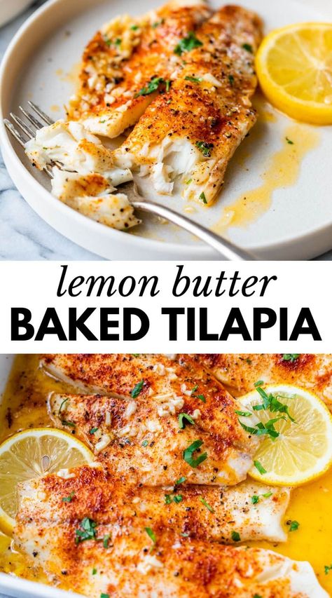 Enjoy this 20-minute Lemon Butter Baked Tilapia for weeknight dinners or meal prep! Lightly seasoned and dressed in a luxurious lemon butter sauce, every tender and flaky bite of fish is perfectly lemony, garlicky, and melt-in-your-mouth delicious. Tilapia From Frozen, Lemon Pepper Flounder Baked Fish, Red Tilapia Recipes, Tilapia And Mashed Potatoes, Easy Tilapia Recipes Skillet, Tilapia Recipes Keto, Tilapia Lunch Ideas, Baked Tilapia Dinner Ideas, Fish In The Oven Recipes