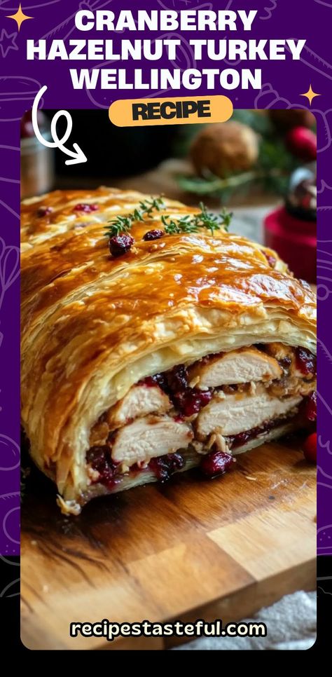 This Cranberry Hazelnut Turkey Wellington is a stunning holiday centerpiece that’s perfect for serving a small gathering. A juicy turkey breast is wrapped in flaky puff pastry, complemented by a flavorful cranberry, hazelnut, and thyme stuffing. It’s easy to prepare and sure to impress your guests! #TurkeyWellington #HolidayCenterpiece #FestiveDinner #TurkeyRecipes #PuffPastry #CranberryHazelnut #HolidayMeals #ThanksgivingDinner #EasyHolidayRecipes Turkey Wellington Recipe, Puff Pastry Turkey, Turkey Wellington, Wellington Recipe, Juicy Turkey, Simple Delicious Recipes, Wholesome Meals, Turkey Stuffing, Easy Holiday Recipes