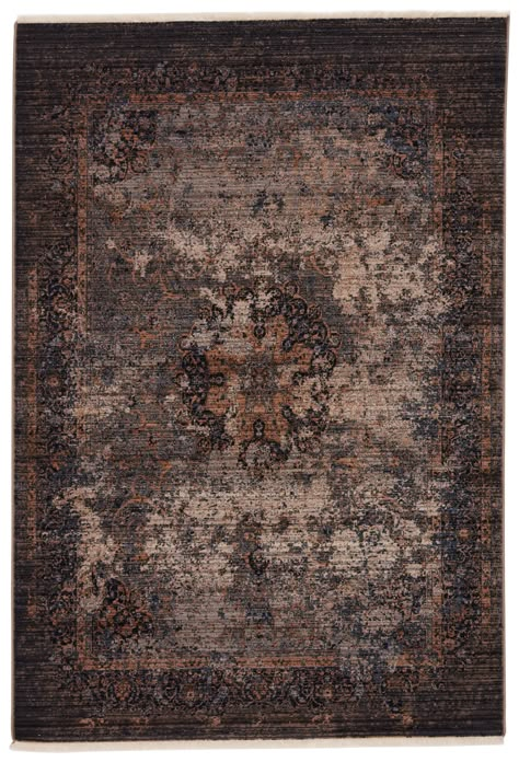 Inspired by the vintage perfection of sun-bathed Turkish designs, the Zefira collection showcases detailed traditional motifs that have been updated with on-trend, saturated colorways. The Enyo rug boasts an erased medallion in deep, moody tones of navy, black, ivory, gray, and gold. This power-loomed rug features cott Eclectic Area Rug, Dark Blue Rug, Unique Area Rugs, Turkish Design, Updated Traditional, Jaipur Living, Furniture Office, Dark Taupe, Medallion Rug