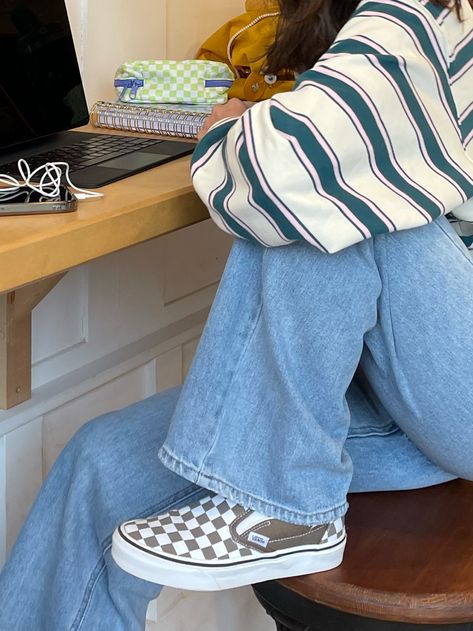 Classic Checkered Slip-On curated on LTK Van Checkered Shoes Outfit, Vans Outfit Checkered, How To Style Vans Slip Ons, Checkers Vans Outfit, How To Style Checkered Vans, Check Vans Outfit, Checkered Vans Outfit Women, Vans Slip On Outfit Women, Checkerboard Vans Outfit