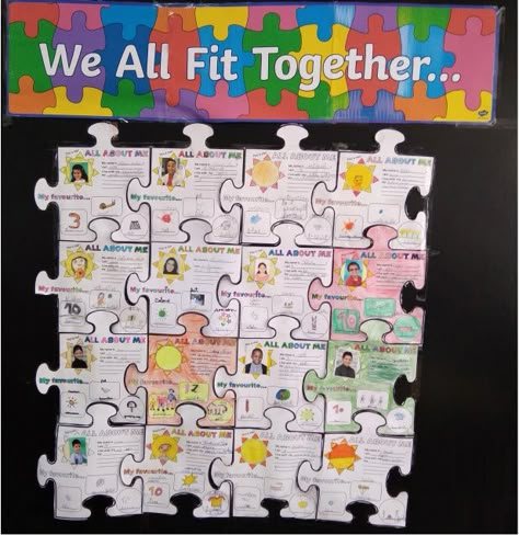 What Makes Me Unique Activity, Puzzle Piece Bulletin Board Ideas, We All Fit Together Puzzle Template, Science About Me, All About Me Puzzle, Classroom Puzzle Pieces Bulletin Boards, Puzzle Piece Bulletin Board, All About Me Puzzle Piece Activity, We All Fit Together