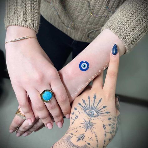 Small Blue Evil Eye Idea Anti Evil Eye Tattoo, Evil Eye Tattoo On Hand, Evil Eye Elbow Tattoo, Greek Eye Tattoo Minimalist, Small Evil Eye Tattoo Simple, Blue Evil Eye Tattoo, 3rd Eye Tattoo Women, Nazar Tattoo Eye, Simple Evil Eye Tattoo