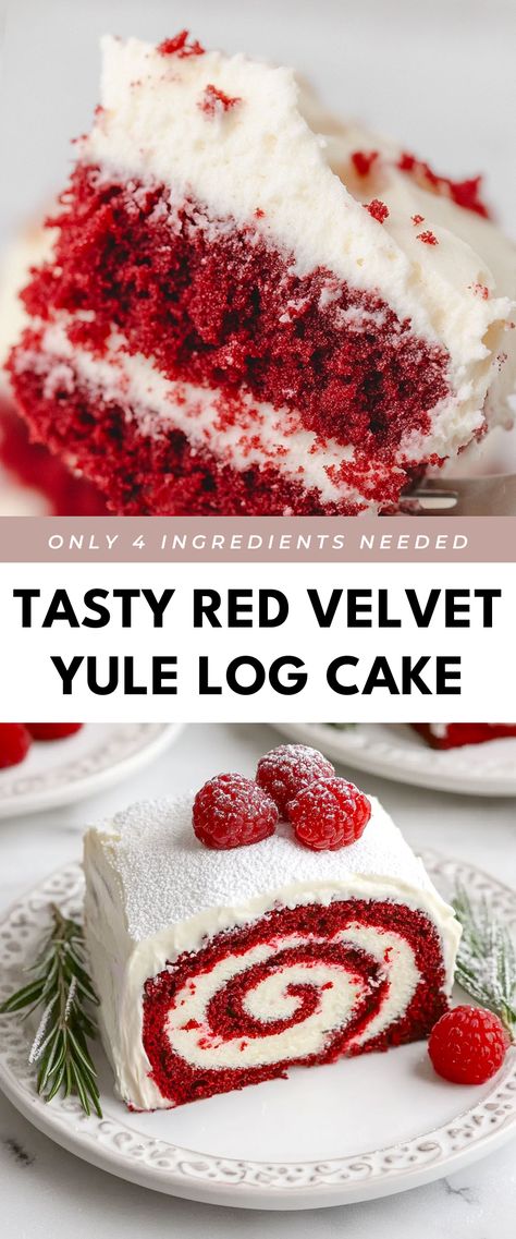 Image for Tasty Red Velvet Yule Log Cake Christmas Log Cake Recipe, Red Velvet Log Cake, White Yule Log Cake, Red Velvet Roll Cake Recipe, Easy Yule Log Cake Recipe, Traditional Yule Recipes, Yule Meals, Vanilla Yule Log, Red Velvet Yule Log