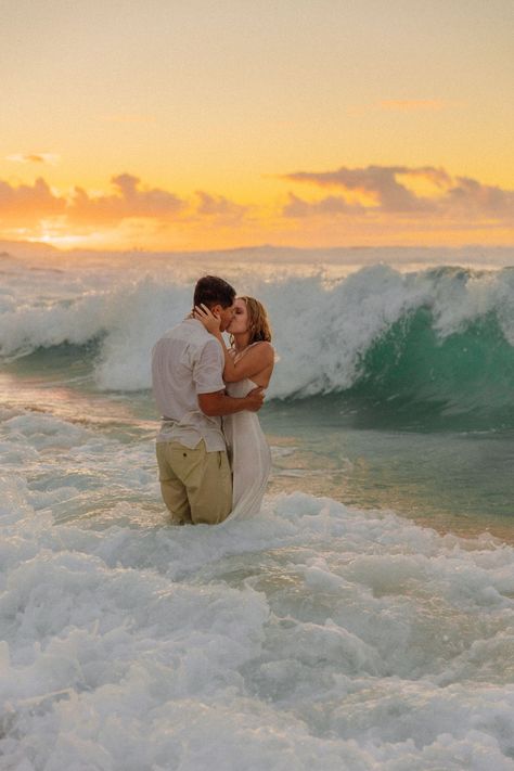 Oahu Couple Photoshoot, Engagement Ocean Photos, Sunset Water Engagement Photos, Wedding Photos In Water, Dreamy Beach Engagement Photos, Engagement Photos At Beach, Beach Elopement Photography, Ocean Engagement Photos, Engagement Photos Hawaii