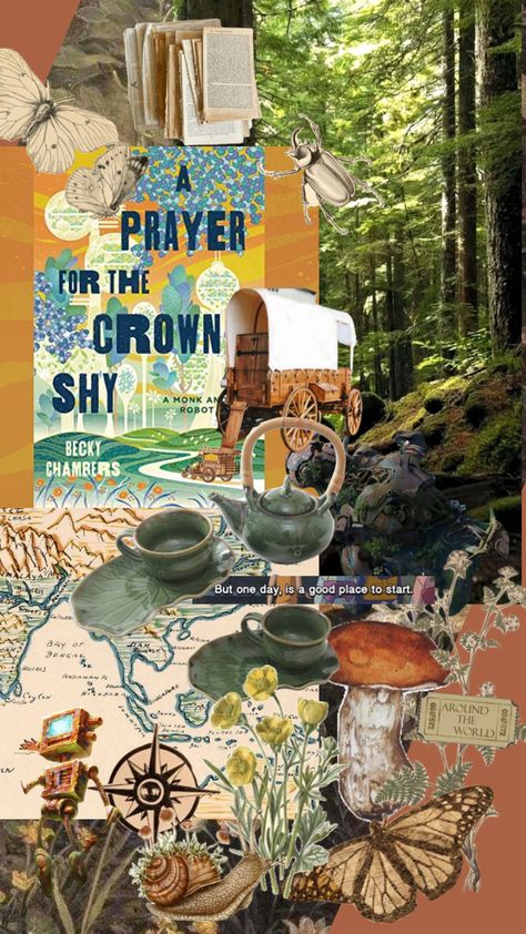 A Prayer For the Crown Shy by Becky Chambers A Psalm For The Wild Built, Psalm For The Wild Built, Birthday Portrait Ideas, Beautiful Bookshelves, Book Club Aesthetic, Becky Chambers, Canva Backgrounds, Beautiful Bookshelf, Solar Punk