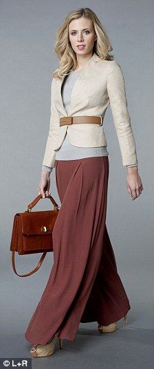 A maxi skirt as professional wear - keep in mind just in case i decide to grow up and get a big lady job. Brown Maxi Skirt Outfit, Maxi Skirt Outfit, Kate Garraway, Maxi Outfits, Maxi Rok, Maxi Skirt Outfits, Cream Jacket, Belted Blazer, Professional Wear