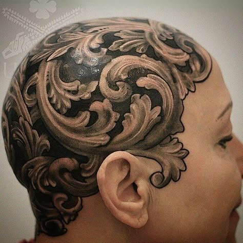 18 Baroque And Fancy Filigree Tattoos Mais Filigree Tattoos, Bald Head Tattoo, Baroque Tattoo, Urban Tattoos, Cap Tattoo, Scalp Tattoo, Mujeres Tattoo, Filigree Tattoo, Skull Sketch