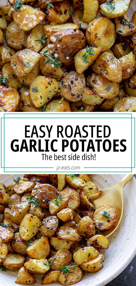 Supper Recipes Easy Healthy, Garlic Butter Potatoes Skillet, Garlic Butter Small Potatoes, Park Garlic Potatoes, Herb Potatoes Baked, Roasted Potatoes Side Dish, Garlic Based Recipes, Oven Roasted Herb And Garlic Parmesan Potatoes, Honey Garlic Roasted Potatoes