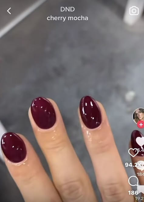 Plain Nails Colors Winter, Dark Red Round Acrylic Nails, Gel Nails Ideas Short Plain Color, Deep Red Dip Powder Nails, Cherry Mocha Nails Opi, Cranberry Dip Nails, Mocha Red Nails, Maroon Dip Nails, Short Almond Dip Nails Fall