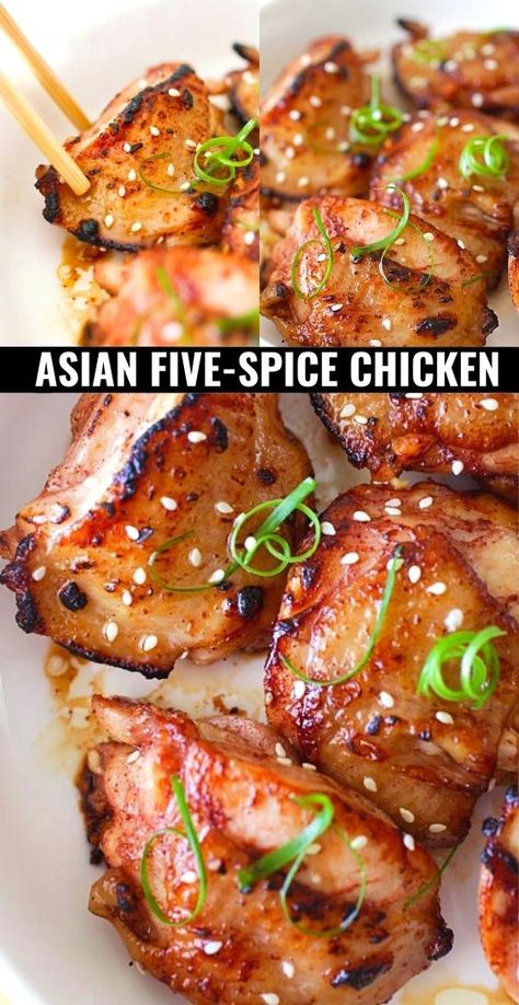 Five Spice Chicken, Asian Chicken Recipes, Asian Dinners, Asian Spices, Chinese Cooking Recipes, Boneless Chicken Thigh Recipes, Easy Chinese Recipes, Chicken Spices, Think Food