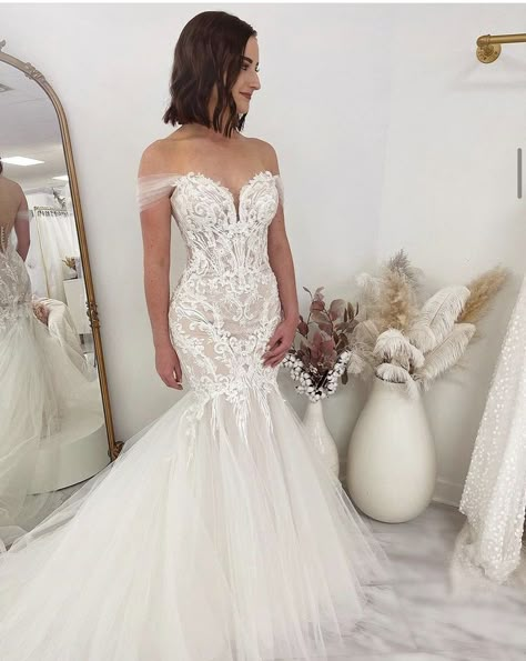 Bridal Shops, Off The Shoulder Sleeves, Wedding Ideas Dresses, Tulle Sleeves, Cute Wedding Dress, Dream Wedding Ideas Dresses, Fitted Wedding Dress, Dream Wedding Ideas, Modern Wedding Dress