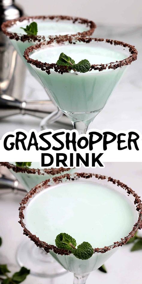 Flared glasses filled with a frothy green cocktail. Grasshopper Drink Recipe, Grasshopper Drink, Grasshopper Recipe, Alcoholic Fruit, Dairy Free Creamer, Fruit And Chocolate, Home Bartender, Vegan Comfort Food Recipes, Alcoholic Desserts