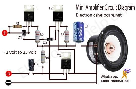 Power Amplifier Circuit Diagram, Audio Amplifier Circuit Diagram, Amplificador 12v, Amplifier Circuit Diagram, Simple Electronic Circuits, Amplificatori Audio, Mini Amplifier, Subwoofer Box Design, Amplifier Audio