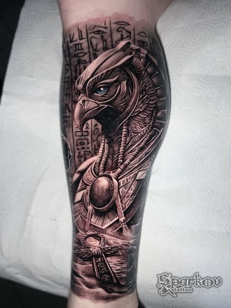 Realistic Horus Egyptian God tattoo by Nikolay Sparkov. #sleeve #tattoo #tattoosleeve #realistictattoo #blackandwhitetattoo Horus Egyptian God Tattoo Design, Pyramid Tattoo Sleeve, Horus God Tattoo, Egyptian Tattoo Horus, Eygptain Tattoos Men Arm, Egyption Sleeve Tattoo, Men Egyptian Tattoo, Egyptian Tattoo Sleeve Men Arm, Ancient Egypt Tattoo Sleeve