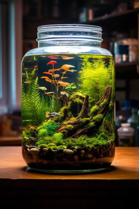 Experience the wonder of creating a self-sustaining ecosystem with a shrimp jar setup. Our detailed blog post covers everything from the initial setup to ongoing care. Click through to embark on your own eco-friendly project today. Self Sustaining Ecosystem In A Jar, Shrimp Jar Aquarium, Self Sustaining Aquarium, Water Terrarium With Fish, Eco System In A Jar, Jar Aquascape, Terrarium In A Jar, Jar Fish Tank, Ecosystem In A Jar