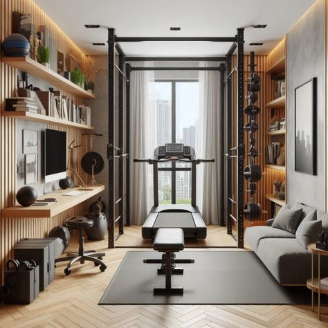 Achieve your fitness goals with these custom home gym designs for small spaces. Perfect for apartments and small homes. #HomeGym #SmallSpaces #CompactWorkout #FitnessJourney #CustomDesign Gym Library Room, Home Gym And Living Room Combo, Half Gym Half Office, Minimalist Home Office Gym Combo Ideas, Small Office And Gym Combo, Workout Space In Living Room, Home Gym Small Room, Office And Gym Room, Apartment Gym Ideas Small Spaces