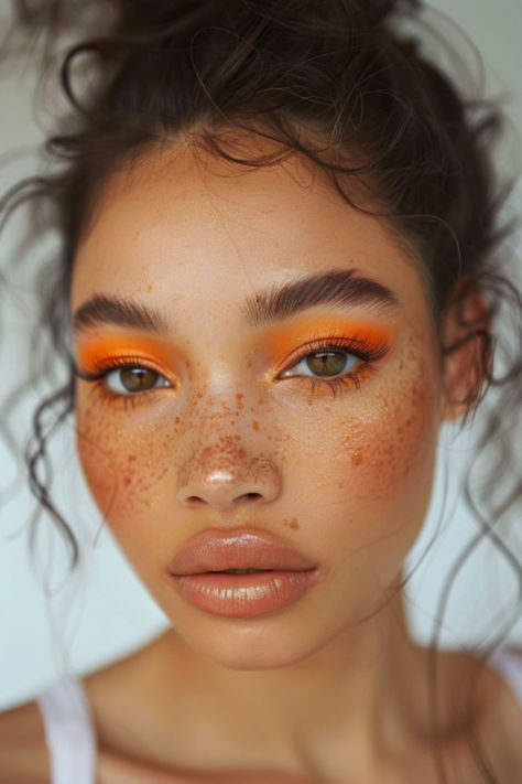 Sunset Oranges Eyeshadow Ideas For Brown Hair Orange Tones Makeup, Halloween Orange Makeup, Orange Eyeshadow Makeup, Orange Eye Makeup Looks, Orange Inspired Outfits, Orange Blossom Makeup, Creative Makeup Photoshoot Ideas, Sun Makeup Looks, Orange Make Up