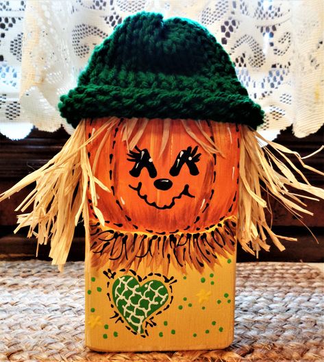 WOOD BLOCK Scarecrow Shelf  SITTER Halloween Fall Autumn Country Primitive Rustic Sign Handcrafted Hand Painted  Wooden Decor Door Hanger Block Scarecrow, Seasonal Signs, Block Pumpkins, Primitive Halloween Decor, Painted Pavers, Autumn Country, Country Primitive Decor, Primitive Halloween, Hand Painted Decor