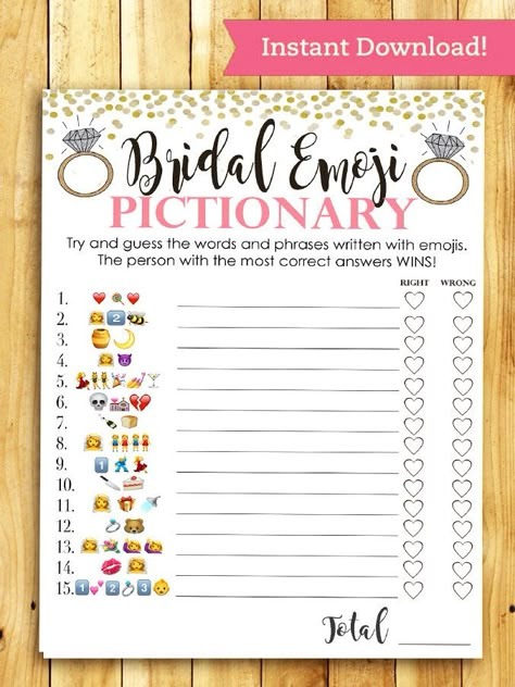 Printable EMOJI Pictionary bridal shower game Wedding Games For Guests, Bridal Party Games, Maid Of Honor Duties, Emoji Pictionary, Bridal Games, Bridal Shower Printables, Printable Bridal Shower Games, Wedding Shower Games, Bridal Shower Diy