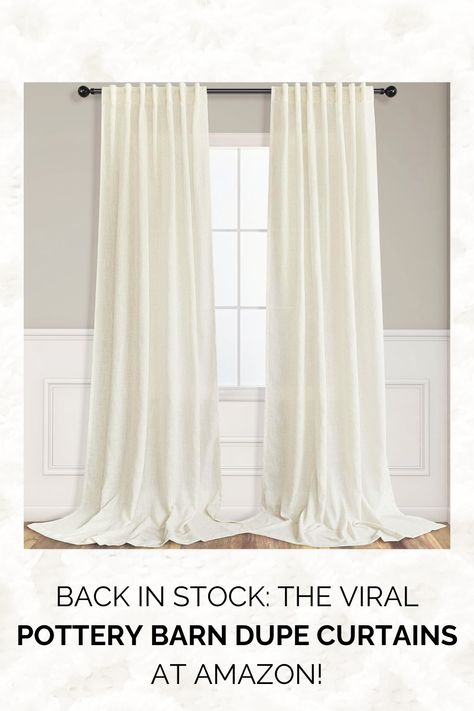 Bring effortless style and light to your space without breaking the bank with these Natural Linen Blend Back Tab Sheer Curtains! This Pottery Barn dupe often sells out!  Luxurious blend of 20% flax linen and 80% polyester, providing the natural aesthetic of linen with added softness, wrinkle resistance, and shrinkage resistance.   #linencurtains #sheercurtains #farmhousedecor #lightfiltering #windowtreatments #potterybarnfinds #dupe #amazonfinds #affordablestyle #ad #potterybarndupe #trending Natural Linen Curtains Living Room, Cream Curtains Living Room, Sheer Cream Curtains, Long Linen Curtains, Linen Curtains Living Room, White Curtains Living Room, French Country Curtains, Pottery Barn Curtains, Pottery Barn Look