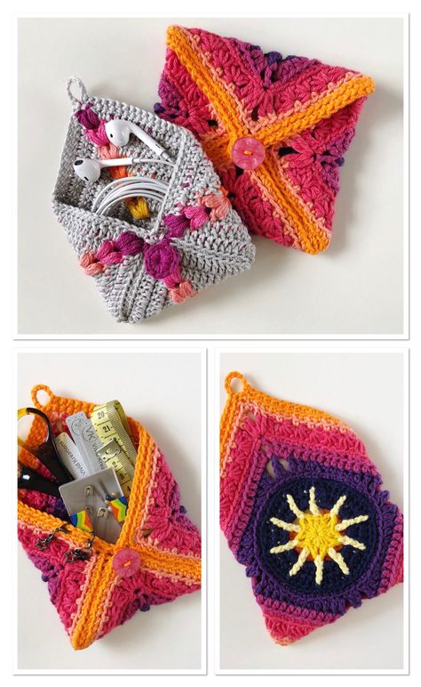 Crochet Pouch Tutorial. – Vivid Kreations Crocheted Purses, Crochet Pocket, Confection Au Crochet, Crochet Pouch, Pouch Tutorial, Crochet Buttons, Crochet Collection, Crochet Granny Square, Crochet Diy