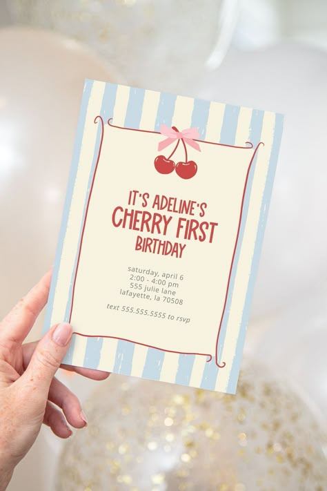 Cherry First Birthday Party Invitations | Stripes and Coquette Bows | Printable Instant Download | Editable Template D E M O  Demo this item now! Copy and paste the URL below to demo: https://www.corjl.com/d/20EH4E P E R S O N A L I Z E 1. After purchasing, you will receive an email from Corjl with a link to access and edit your item. You can also go directly to Corjl.com and use your order info to log in and access your purchased items. 2. Personalize your items, then save or approve the proofs Birthday Party Theme For 1st Birthday, Cute Printable Templates, Cherry 1st Birthday Party, Baby Party Ideas 1st, Cherry First Birthday, Coquette First Birthday, Cute First Birthday Themes, April Birthday Party Themes, Cherry First Birthday Party