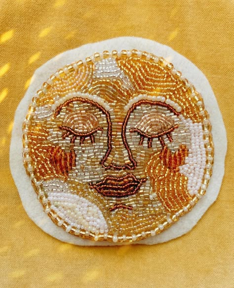 Millie Amber on Instagram: “🌞 sleepy sun/moon bb🌛 anyone else finding it hard to get back into doing things? I’m so tired and not sure where my creativity has run off…” Moon Bead Embroidery, Sun Bead Embroidery, Millie Amber, Beaded Moon, Sun Embroidery, Moon Embroidery, Diy Bead Embroidery, Tambour Embroidery, Beading Embroidery