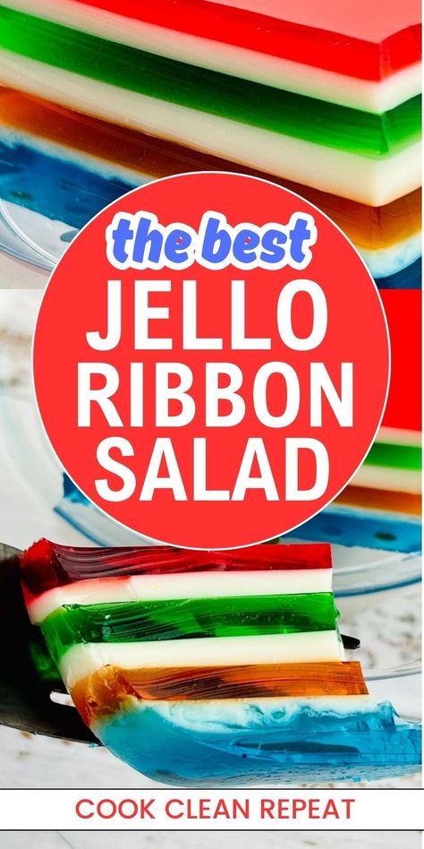 The best Jello ribbon salad is an amazing and easy dessert. Quickly whip together this dazzling dessert for the next potluck or family gathering on Mother's Day. This recipe only takes about 20 minutes to prepare and you don't have to fire up the oven! The colorful layers will wow everyone. Not only does it look beautiful but it is delicious as well. Give this Jello ribbon a try and save the recipe because it will become a fan favorite! 12 Layer Jello, Jello Layered Dessert Cool Whip, Xmas Jello Recipes, Ribbon Salad Jello Recipe, Layered Jello Recipe Condensed Milk, Jello Deserts Ideas, Lemon Jello Salad Recipes, Christmas Ribbon Jello Recipe, Jello Recipes Easy