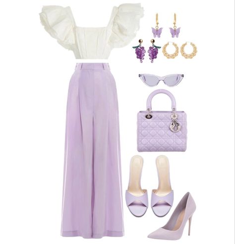 Light purple pants paired with a white top with ruffle sleaves. Choice of purple heels. A purple handbag. Fun purple sunglasses. Either purple earrings or gold earrings. Outfits With Light Purple Pants, Lavender And Gold Outfit, Purple And White Dress Outfit, Purple Earrings Outfit, Purple And Silver Outfit Ideas, Pale Purple Outfit, Light Purple Aesthetic Outfit, Purple Graduation Outfit, Purple And White Outfits For Women