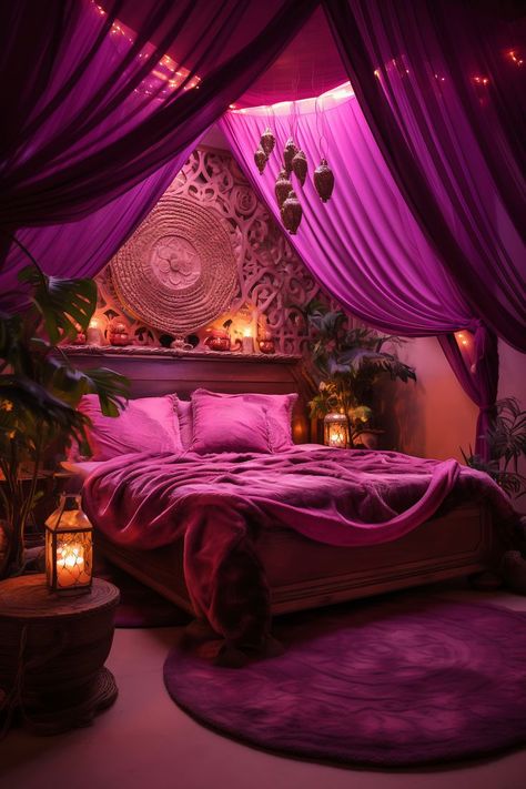 A medium-sized boho-chic bedroom with a mystical magenta and cream color scheme, featuring eclectic furniture, a canopy bed with a plush blanket, mandala art, and lantern lighting, creating a magical and romantic atmosphere. Beautiful Bed Designs, Dream Bedroom Inspiration, Beautiful Bed, Future Apartment Decor, Bedroom Decor Inspiration, Romantic Bedroom, Cozy Room Decor, Apartment Decor Inspiration, Dream Room Inspiration