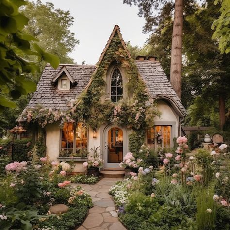 Cottage Core Building, Cottage Core Aesthetic House Exterior, Fairy Cottage House Aesthetic, Cute Fairytale Cottage, Overgrown Aesthetic House, Fairytale Home Aesthetic, Cottage Core Homes Exterior, Cottage Core Architecture, Fairy Houses Aesthetic