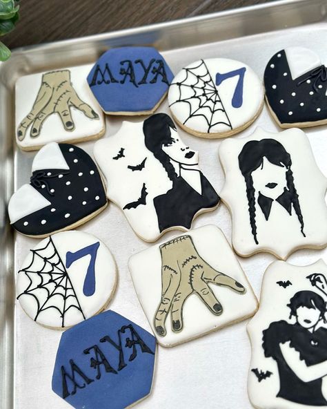 🖤 Wednesday, Addams 🖤 #cookie #cookies #decoratedcookies #customcookies #weddingcookies #babyshower #desserttable #candytable #sdevents #… | Instagram Wednesday Adam’s Cookies, Wednesday Cookies Decorated, Wednesday Addams Treats, Wednesday Cookies, Wednesday Addams Cookies, Dog Business, Cake Boss, Candy Table, Family Parties