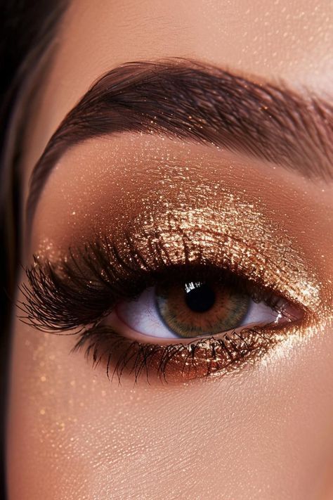 Champagne Shimmer Eyeshadow, Gold Shimmer Eye Makeup, Romantic Makeup Looks, Gold Eyeshadow Looks, Champagne Eyeshadow, Stunning Eye Makeup, Golden Eye Makeup, Golden Makeup, Bronze Eye Makeup