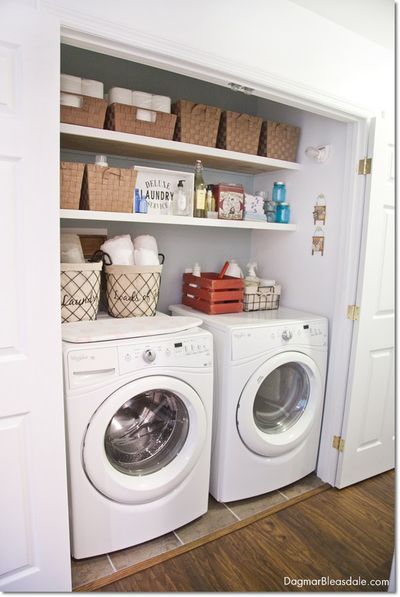 Laundry Closet Makeover, Small Laundry Room Makeover, Small Laundry Room Organization, Laundry Room Closet, Laundry Room Shelves, Laundry Room Inspiration, Blue Cottage, Laundry Closet, Small Laundry Rooms