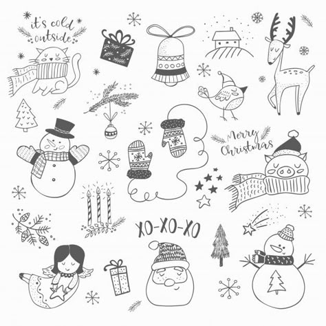 Doodle Noel, Winter Doodles, Hand Drawn Doodles, Christmas Doodle, Font Love, Hand Drawn Christmas, Vector Doodle, Sketch Note, Christmas Doodles