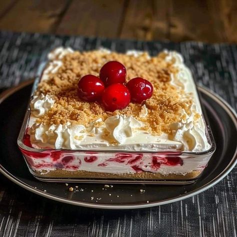 Cherry Cheesecake Surprise Layered Dessert, Cherry Cheesecake Lush Layers, Cherry Lush Dessert Recipe, No Bake Dessert Recipes Easy, Cherry Cheesecake Lush Dessert, Cherry Lush Dessert, Lush Dessert Recipes, Cherry Cheesecake Recipes, Cherry Cheesecake Lush