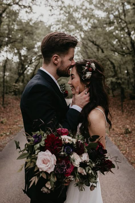 Moody Fall Wedding Dress, Moody Burgundy Bouquet, Dark And Moody Spring Wedding, Dark Forest Wedding Flowers, Moody Romantic Bridal Bouquet, Moody Romantic Wedding Flowers, Moody Bridal Party, Dark Moody Winter Wedding, Dark Academia Wedding Bouquet