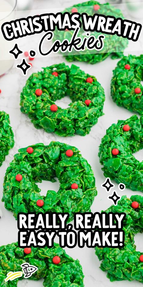 Christmas Wreath Cookies Cornflake Wreaths, Chex Mix Christmas, Christmas Wreath Cookies, Wreath Cookies, Holiday Desserts Table, Buttered Corn, Spaceships And Laser Beams, Holiday Cookie Exchange, Boy Birthday Party Ideas