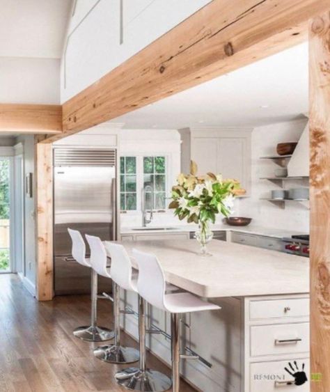 Beam Over Kitchen Island, Kitchen Island With Ceiling Support, Kitchen Beams Support, Supporting Beam Ideas, Beam In Kitchen Island, Support Beam In Kitchen Island, Faux Beams Low Ceiling Kitchen, Island With Beam Support, Kitchen Peninsula With Support Post