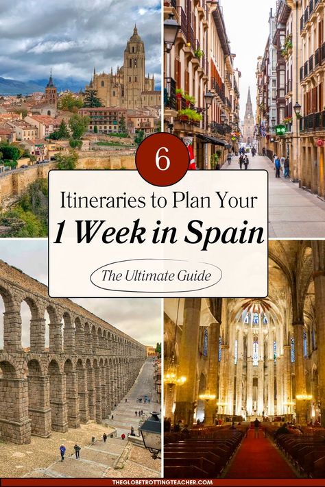 In this guide, you’ll find 6 itinerary examples and ideas about how to spend one week in Spain. Along with each Spain itinerary option, you’ll find practical information about where to start, what to see and do, how to get around, and where to stay. Spain Itinerary One Week, One Week In Spain, Spain Winter, Europe Itinerary, Madrid Hotels, Spain Itinerary, Road Trip Europe, Spain Vacation, Barcelona Hotels